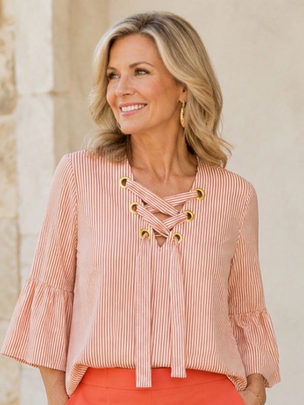 Michael Kors Coral & White Striped Bell Sleeve Blouse